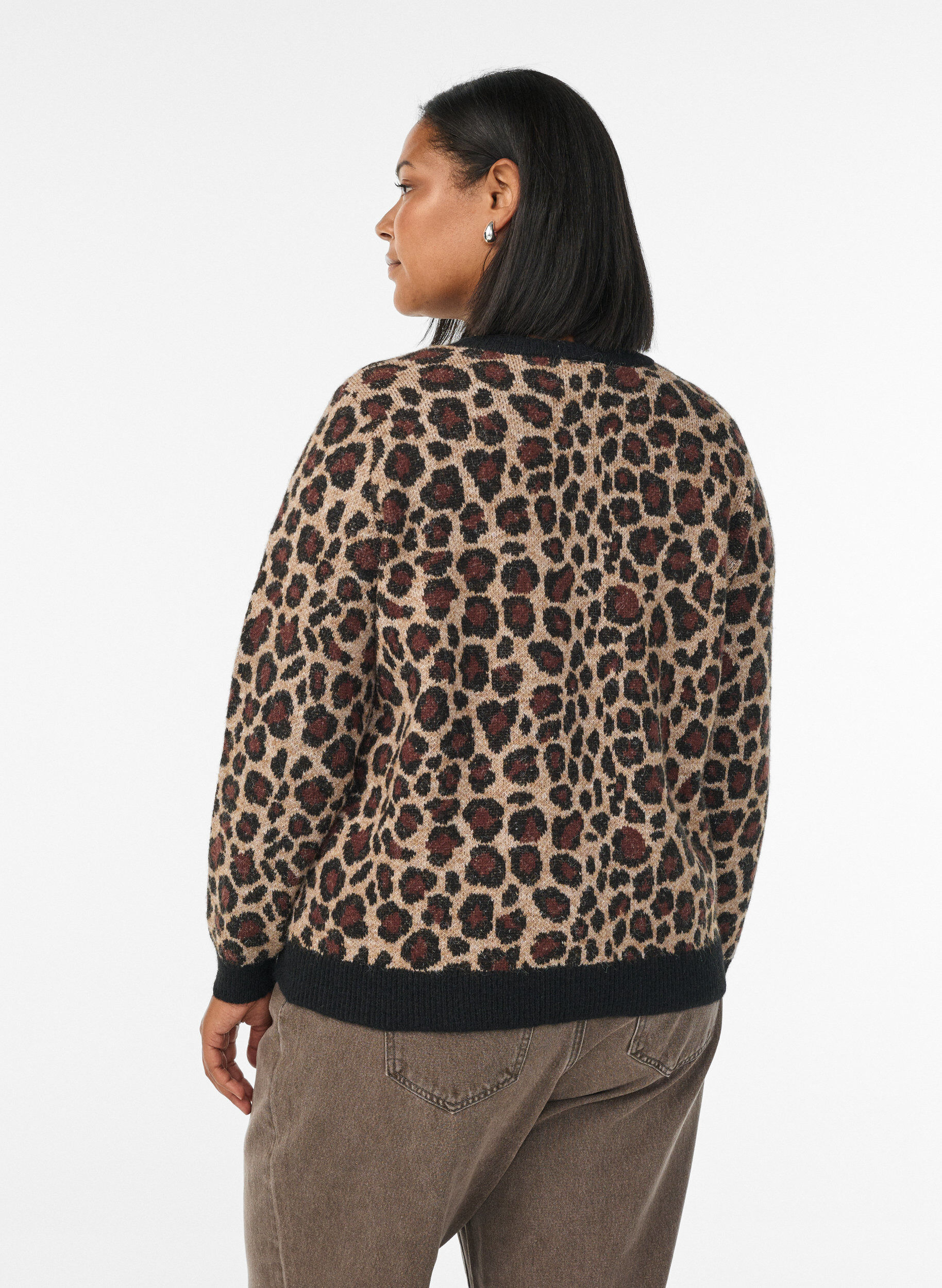 Zizzi Cardigan med leopardm&ouml;nster och kontrastkant, Svart, Model image number 2