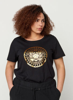 T-shirt i bomull med guldfärgat tryck, Black, Model image number 0