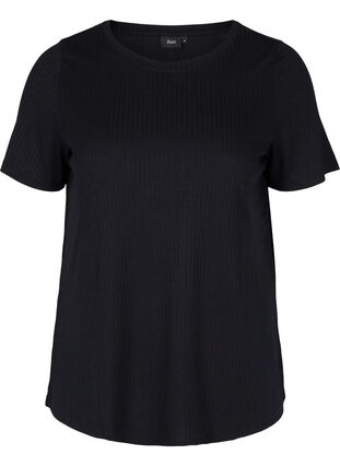 Enfärgad ribbad t-shirt med korta ärmar, Black, Packshot image number 0