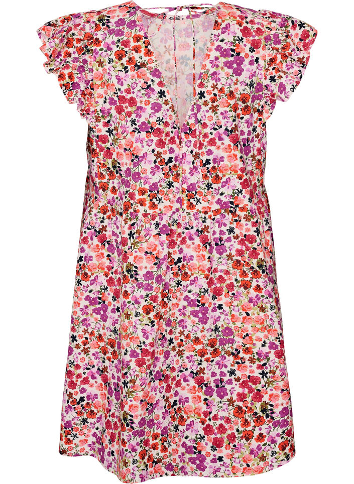 Blommig kl&auml;nning i bomull med volanger och v-ringning, Rosa, Packshot image number 1