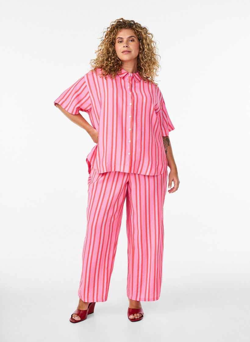 Randiga byxor med h&ouml;g midja och vida ben, Rosa, Model image number 0