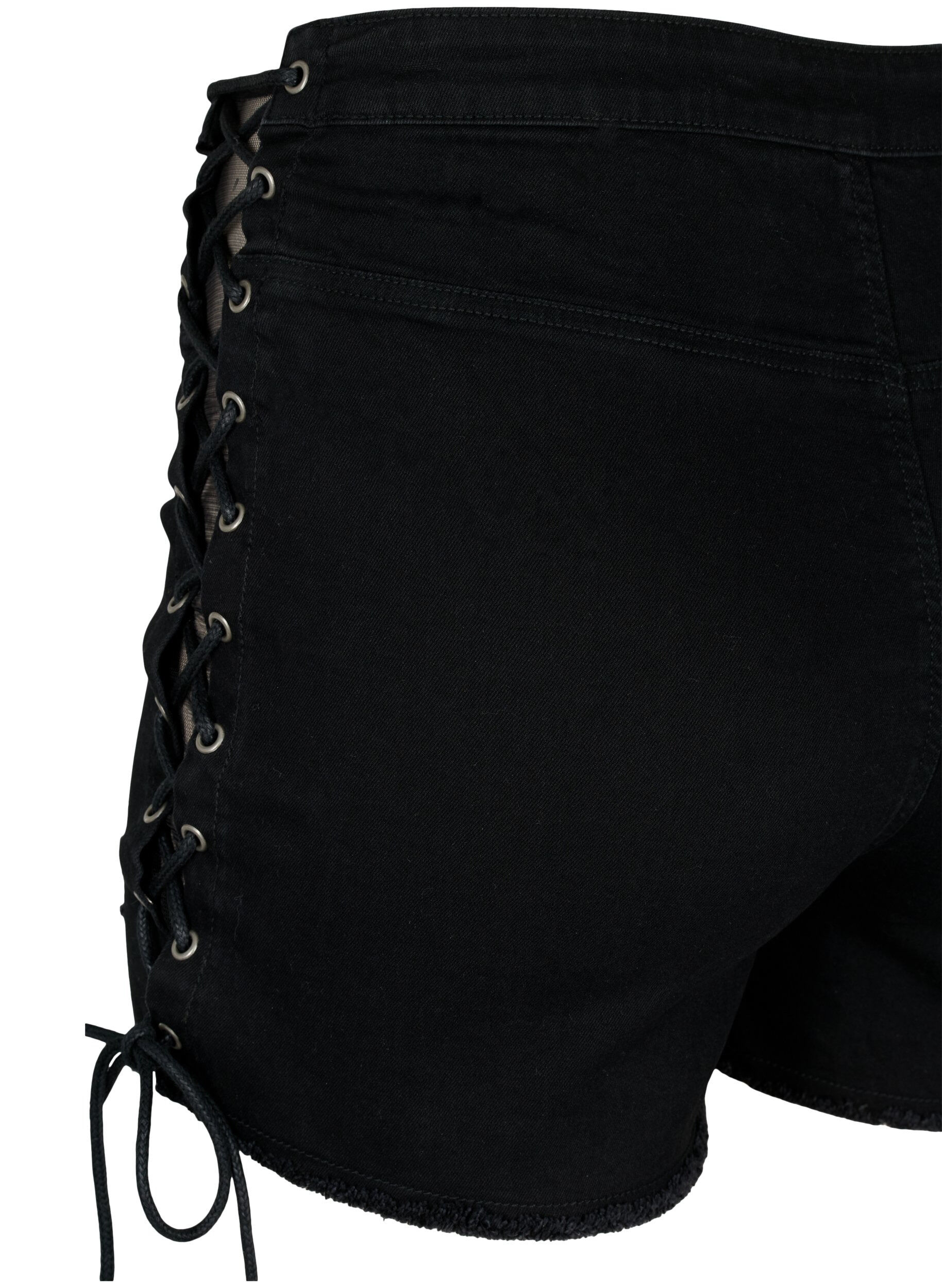 Zizzi Denimshorts med slitna detaljer och sn&ouml;rning, Black Denim, Packshot image number 3