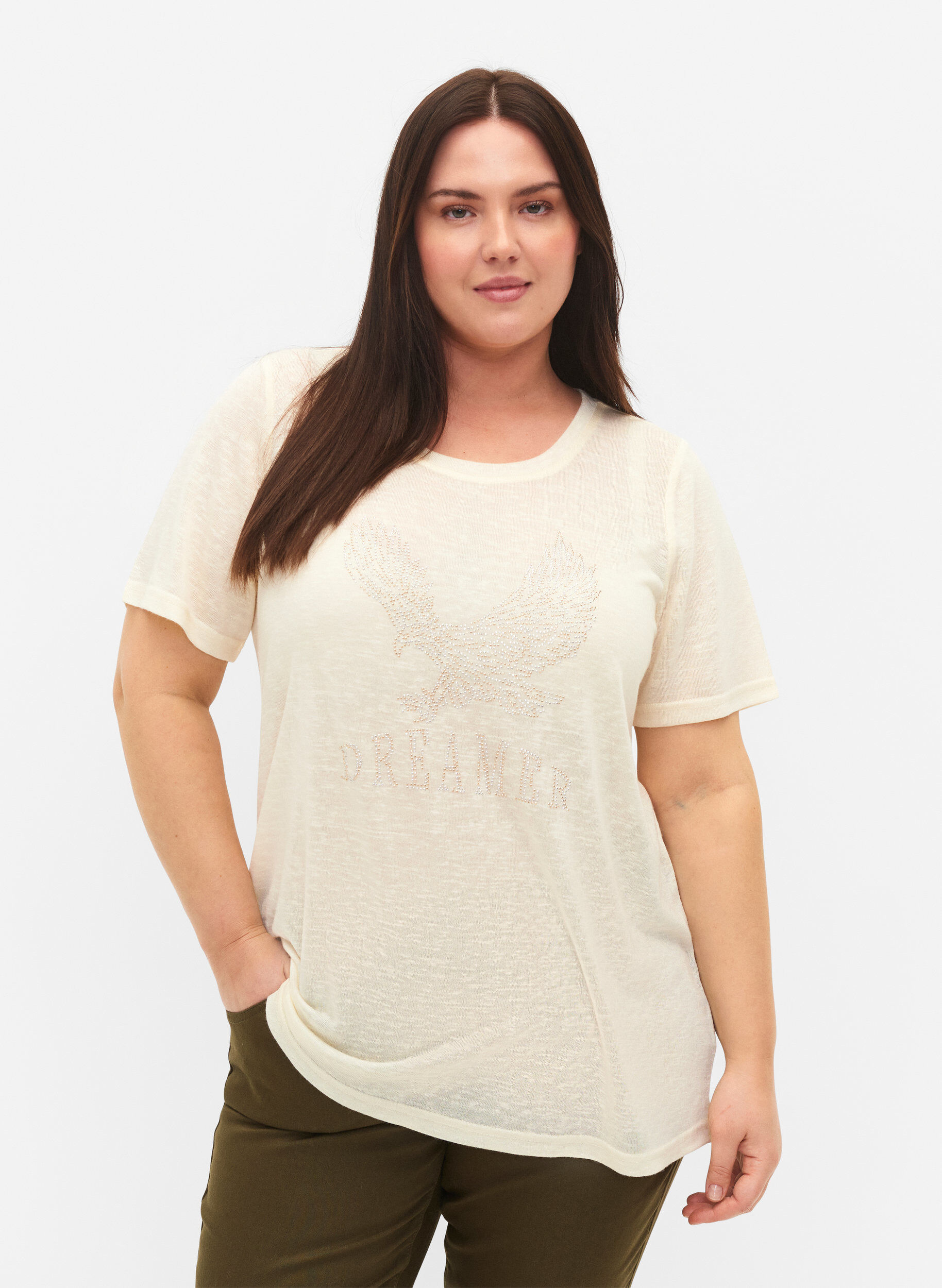 Zizzi T-shirt med nitar och rund halsringning, Buttercream, Model image number 0