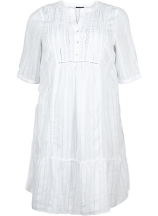 Randig klänning i viskos med spetsdetaljer, Bright White, Packshot image number 0