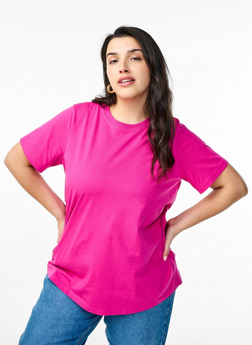 Enkel t-shirt i bomull med rund halsringning, Rosa, Model image number 0