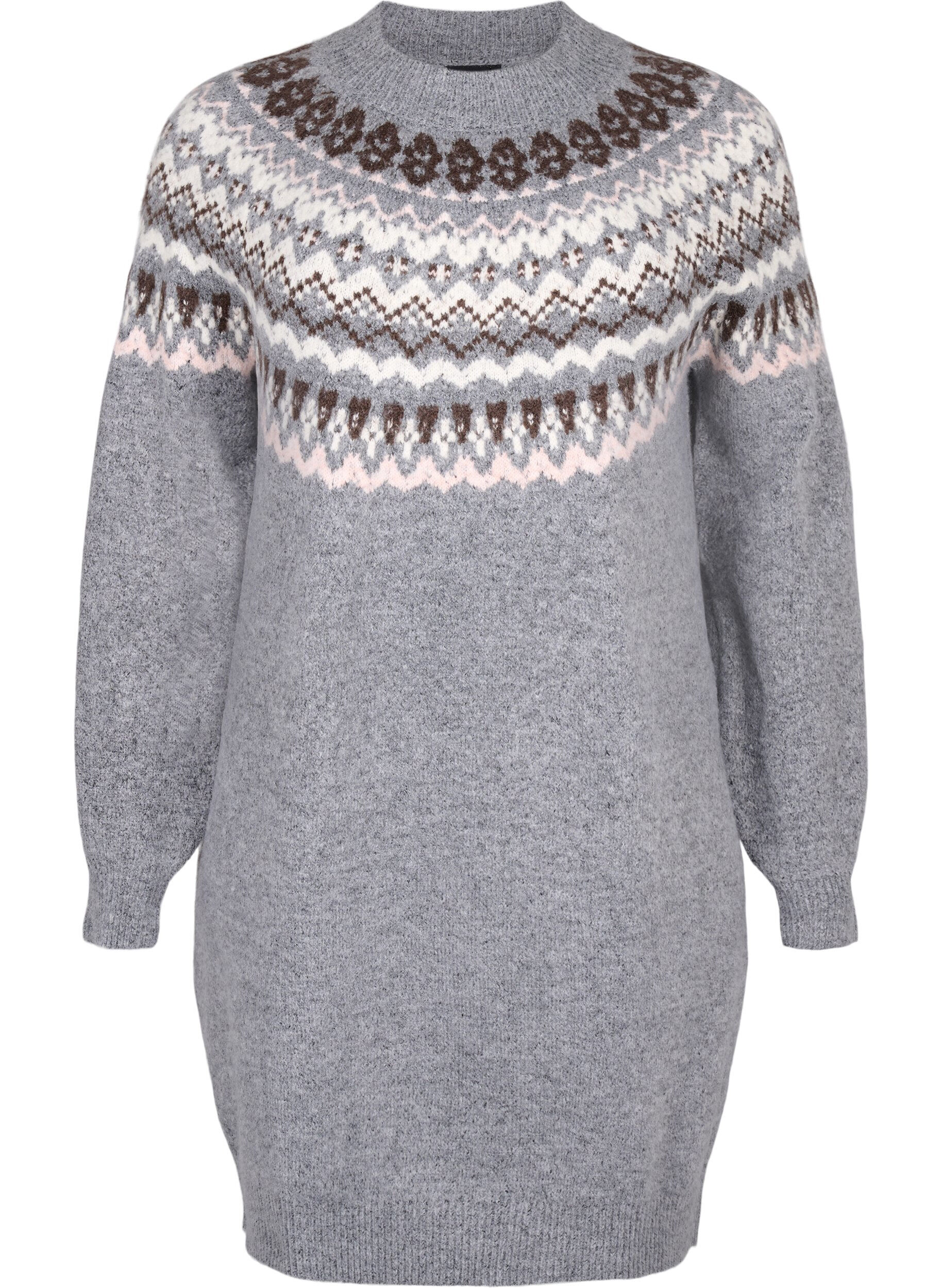 Zizzi Stickad kl&auml;nning med jacquardm&ouml;nster och l&aring;nga &auml;rmar, Medium Grey Comb, Packshot image number 0