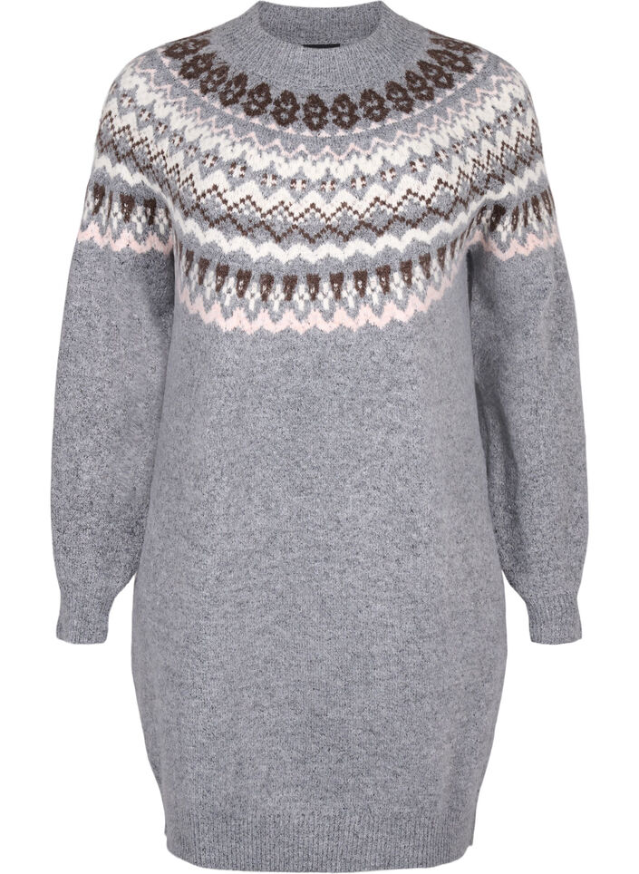 Stickad klänning med jacquardmönster och långa ärmar, Medium Grey Comb, Packshot image number 0