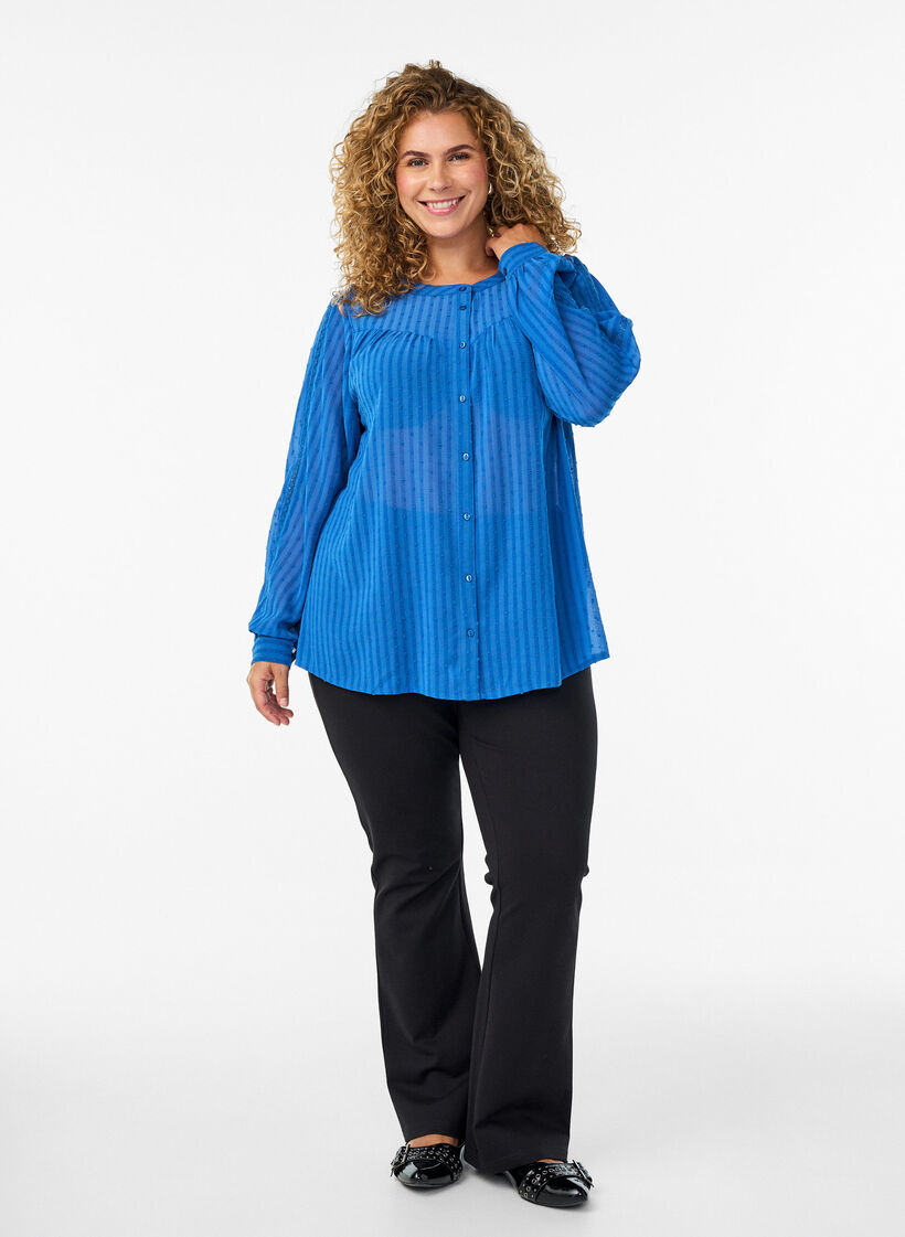 Skjorta med strukturerat prickmönster och broderidetaljer, Blå, Model image number 1