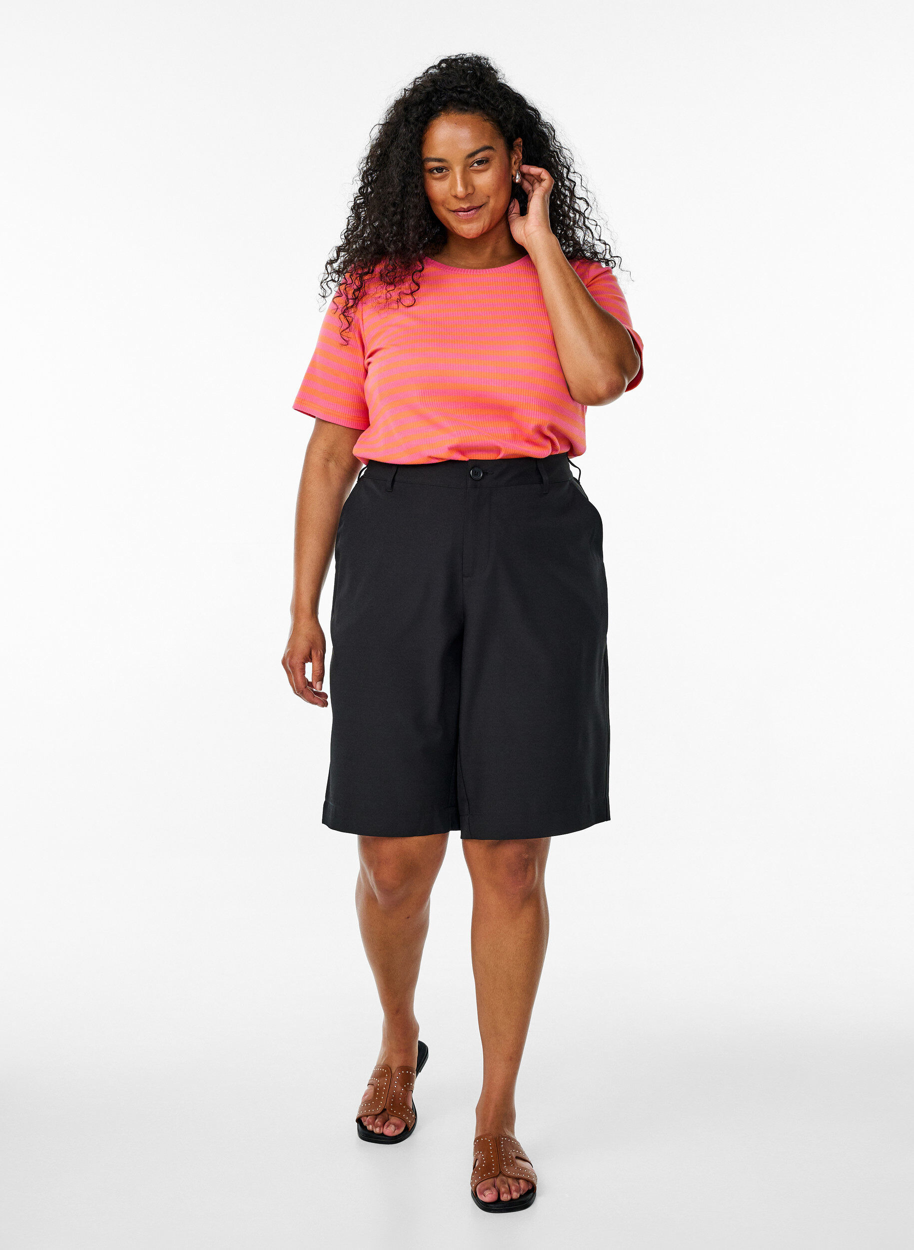 Zizzi Randig t-shirt med ribbad struktur, Orange, Model image number 1