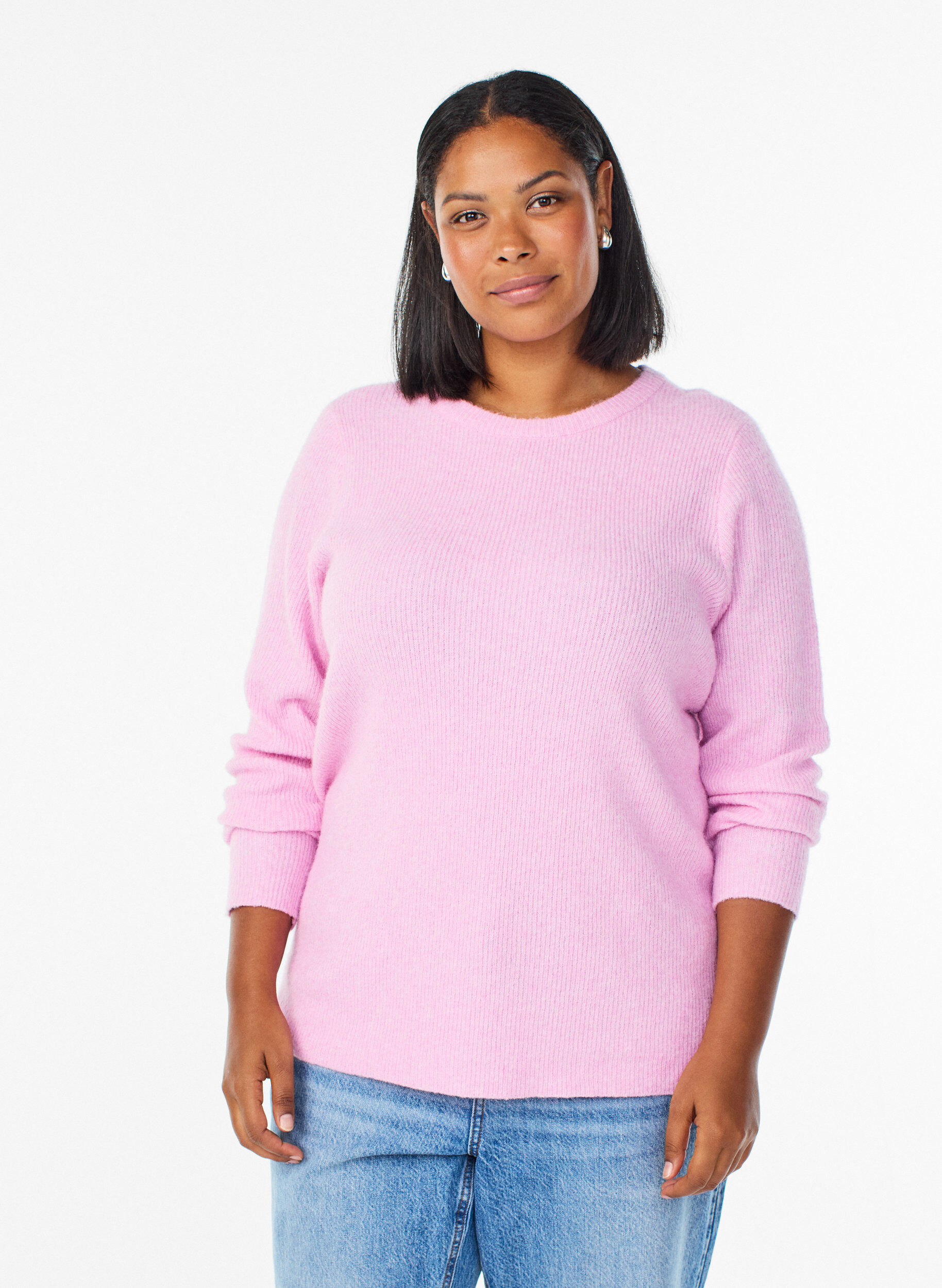 Melerad stickad blus med rund hals, Rosa, Model