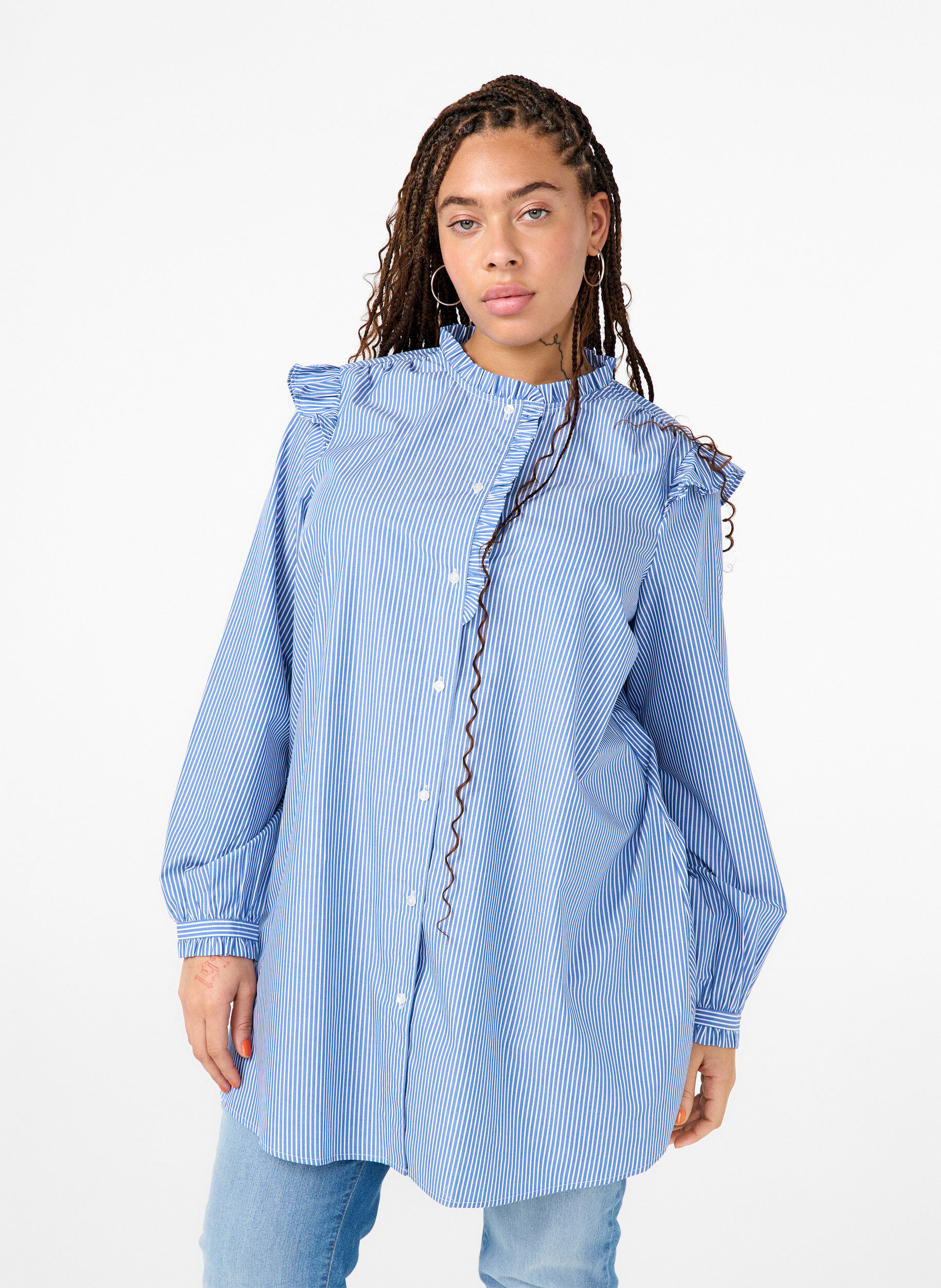 Zizzi Randig tunika med volangdetaljer, Princess Blue W. St., Model image number 0