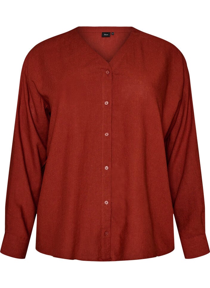 Blus i linne och viskos med v-ringning, R&ouml;d, Packshot image number 0