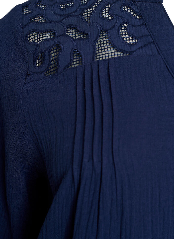 Blus i bomullsmuslin med broderade detaljer, Bl&aring;, Packshot image number 3