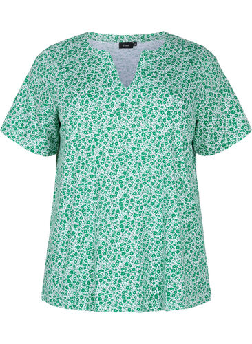 Blommig v-ringad t-shirt i bomull, Jolly Green AOP, Packshot image number 0