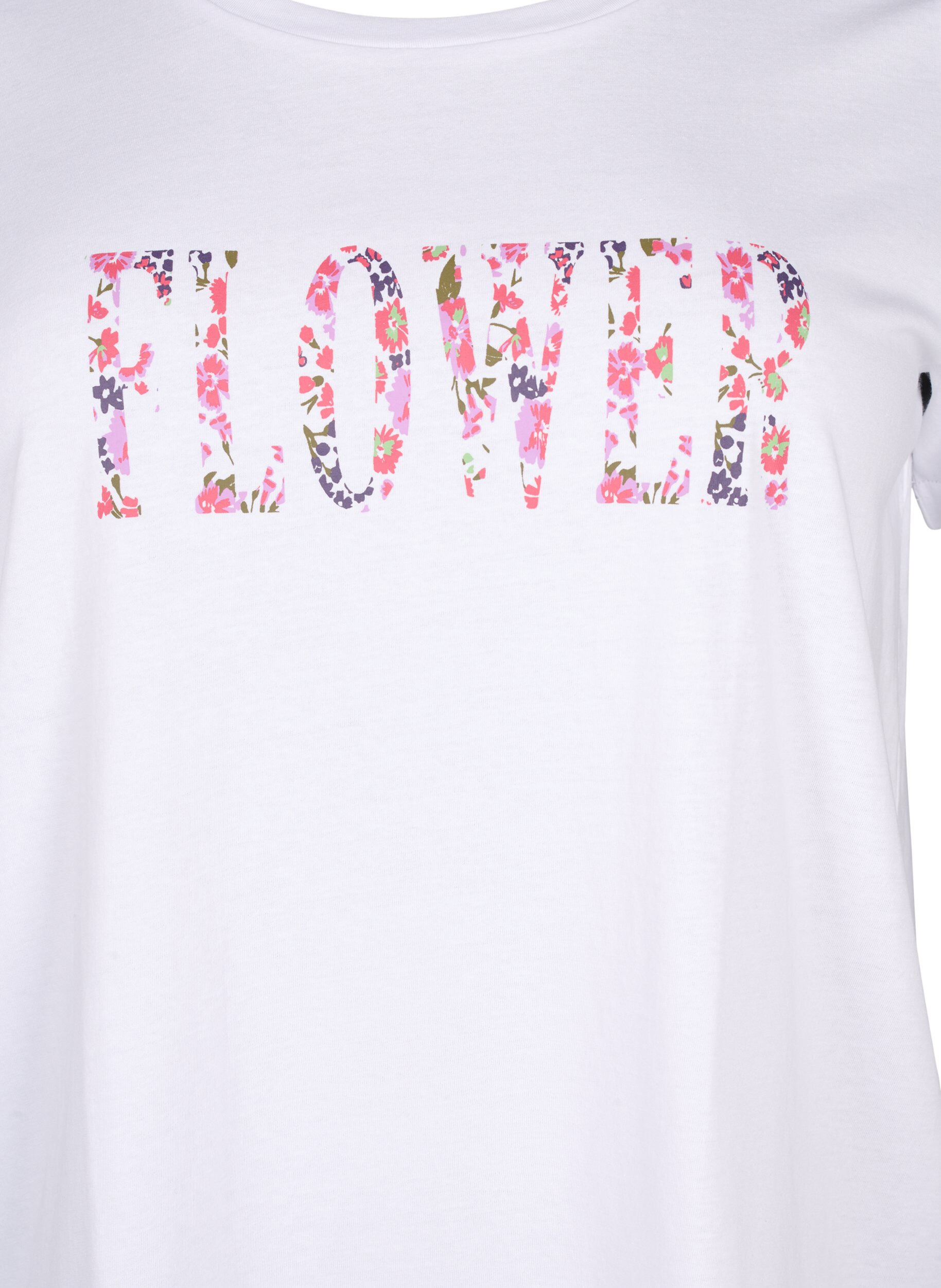 Zizzi T-shirt i bomull med texttryck, B. White w. Flower, Packshot image number 2