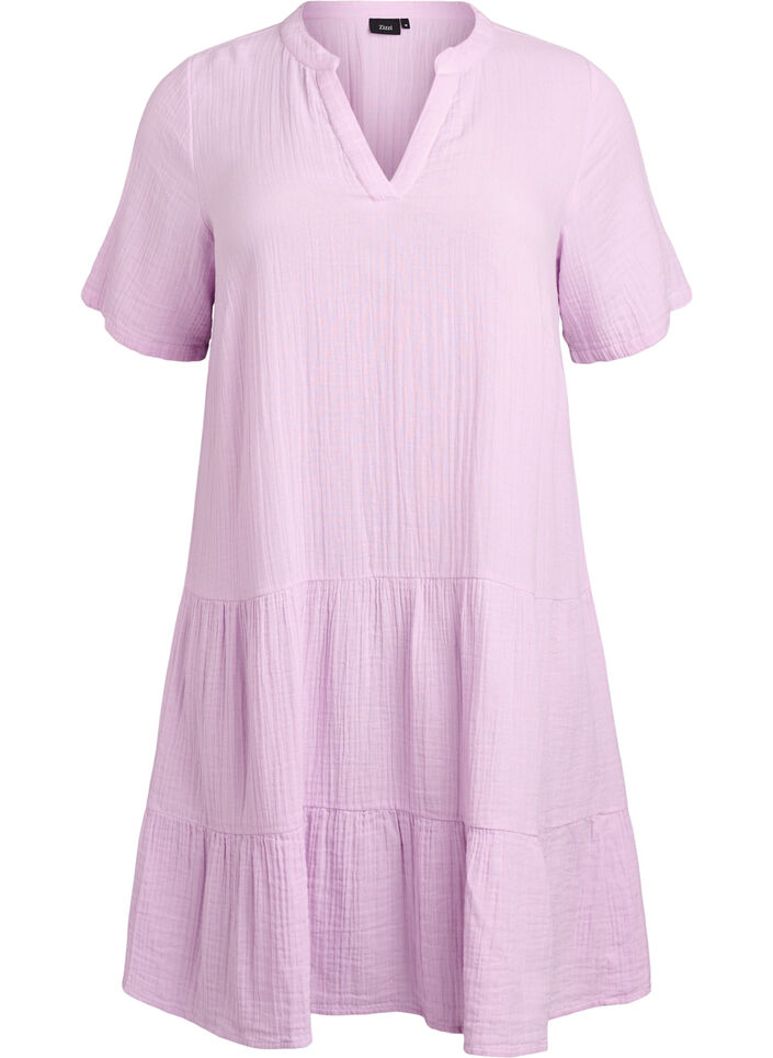 Kort a-linjeformad kl&auml;nning i bomullsmuslin, Lila, Packshot image number 0