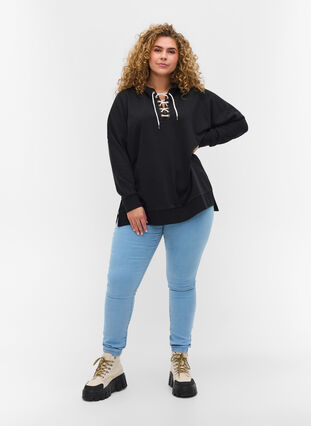 Sweatshirt med huva och kontrastfärgad dragsko, Black, Model image number 2