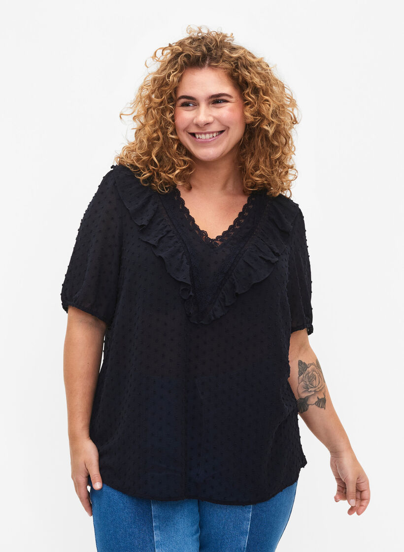 Blus med korta ärmar och prickig struktur, Night Sky, Model image number 0