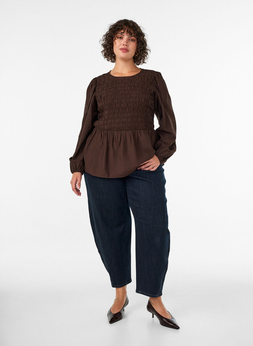 Blus med smock och l&aring;nga &auml;rmar, Brun, Model image number 1