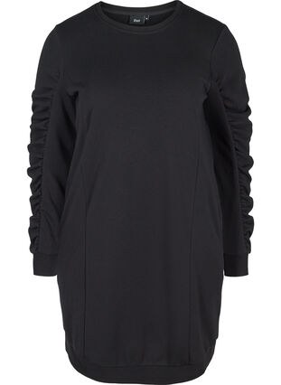 Sweatshirtklänning med fickor och draperade ärmar, Black, Packshot image number 0