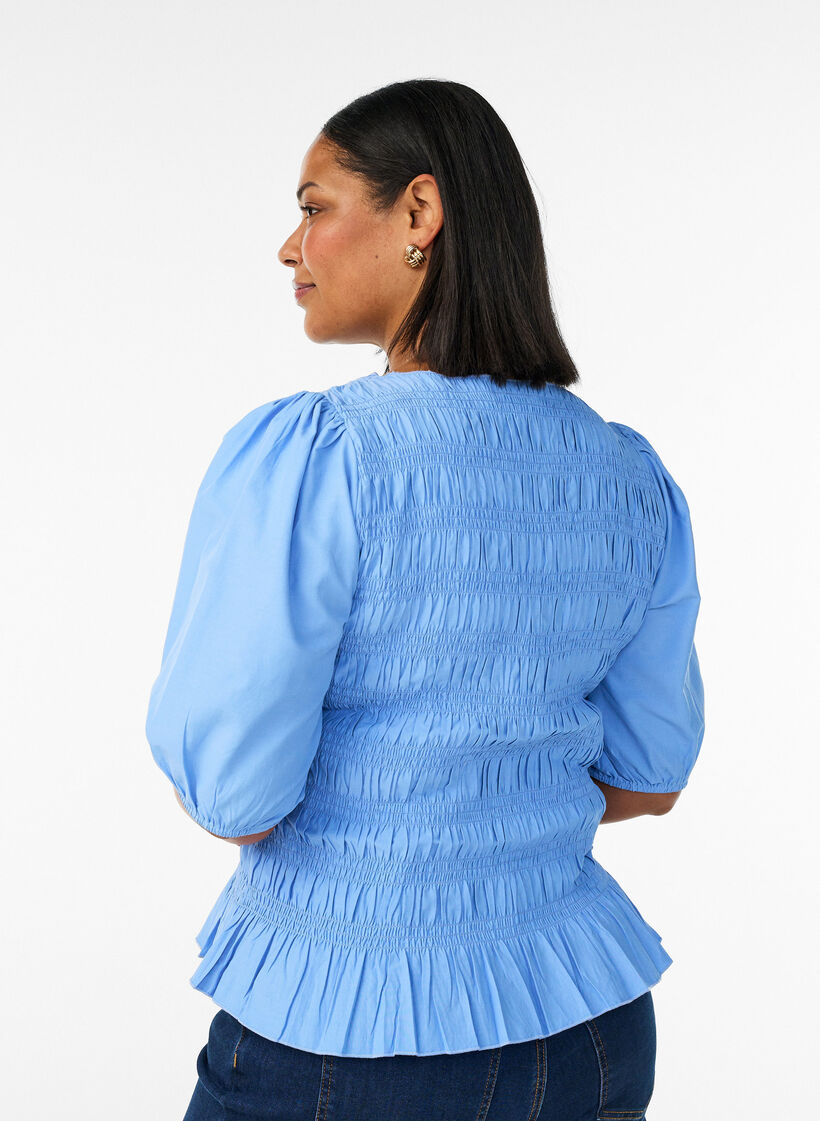 Smockblus med volangkant och b&aring;tringning, Bl&aring;, Model image number 2