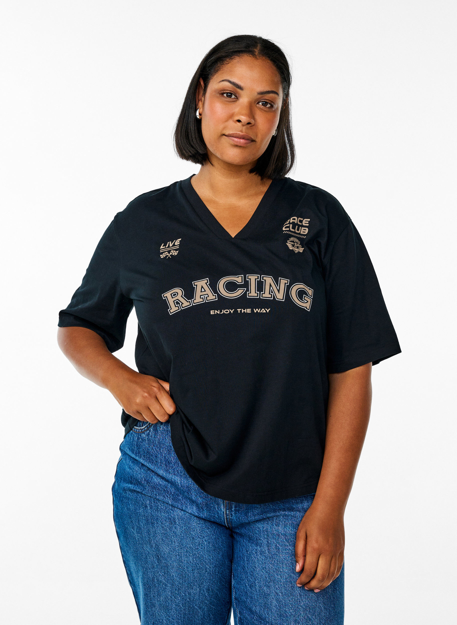 Oversized t-shirt med racingtryck, Svart, Model