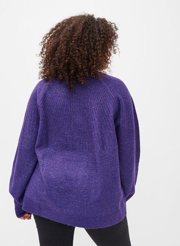 Melerad stickad tröja med ribbkant och ballongärmar, Ultra Violet Mel., Model image number 1