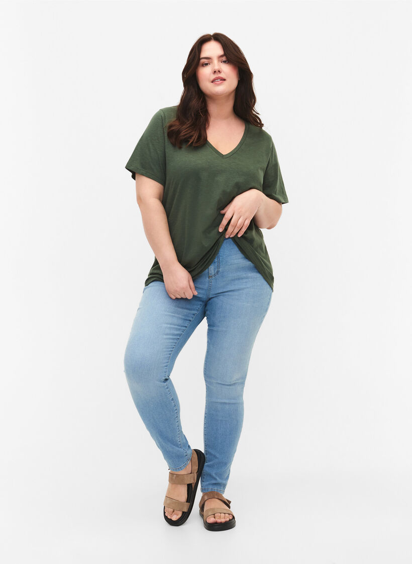 Kort&auml;rmad enkel t-shirt med v-ringning, Gr&ouml;n, Model image number 1