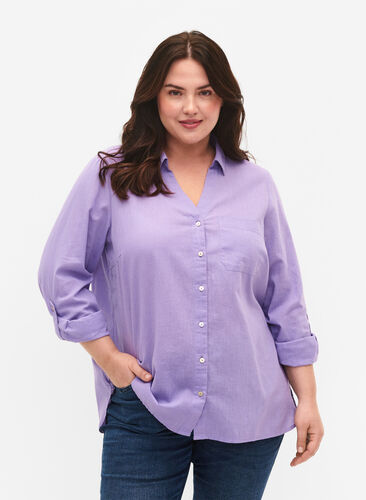 Skjortblus med knäppning i en blandning av bomull och linne, Lavender, Model image number 0
