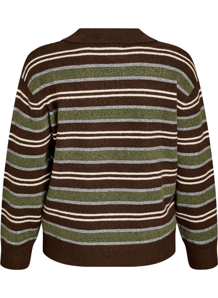Stickad blus med r&auml;nder och polokrage, Brun, Packshot
