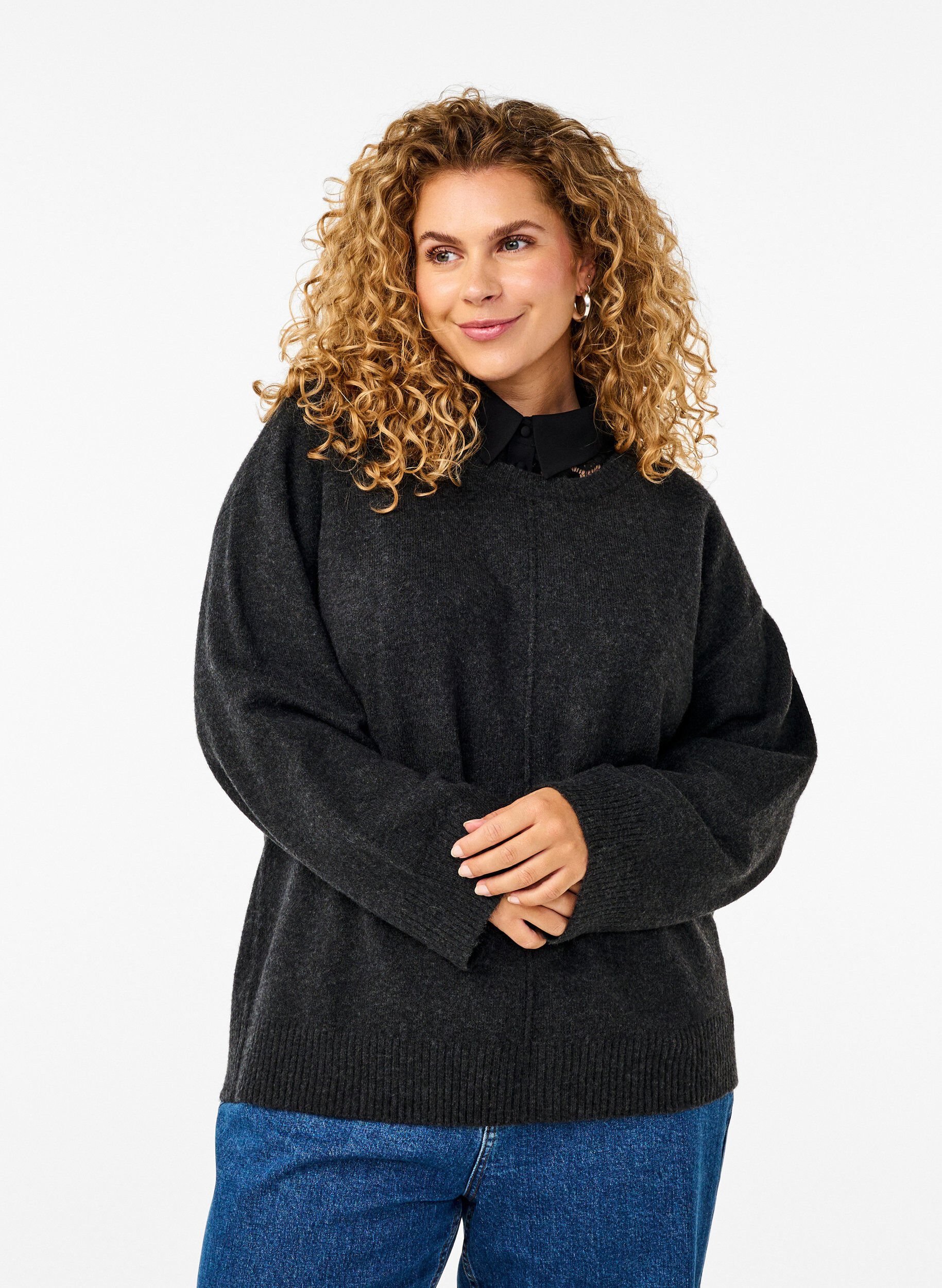 Zizzi Stickad blus med rund halsringning och mitts&ouml;m, Dark Grey Melange, Model image number 0