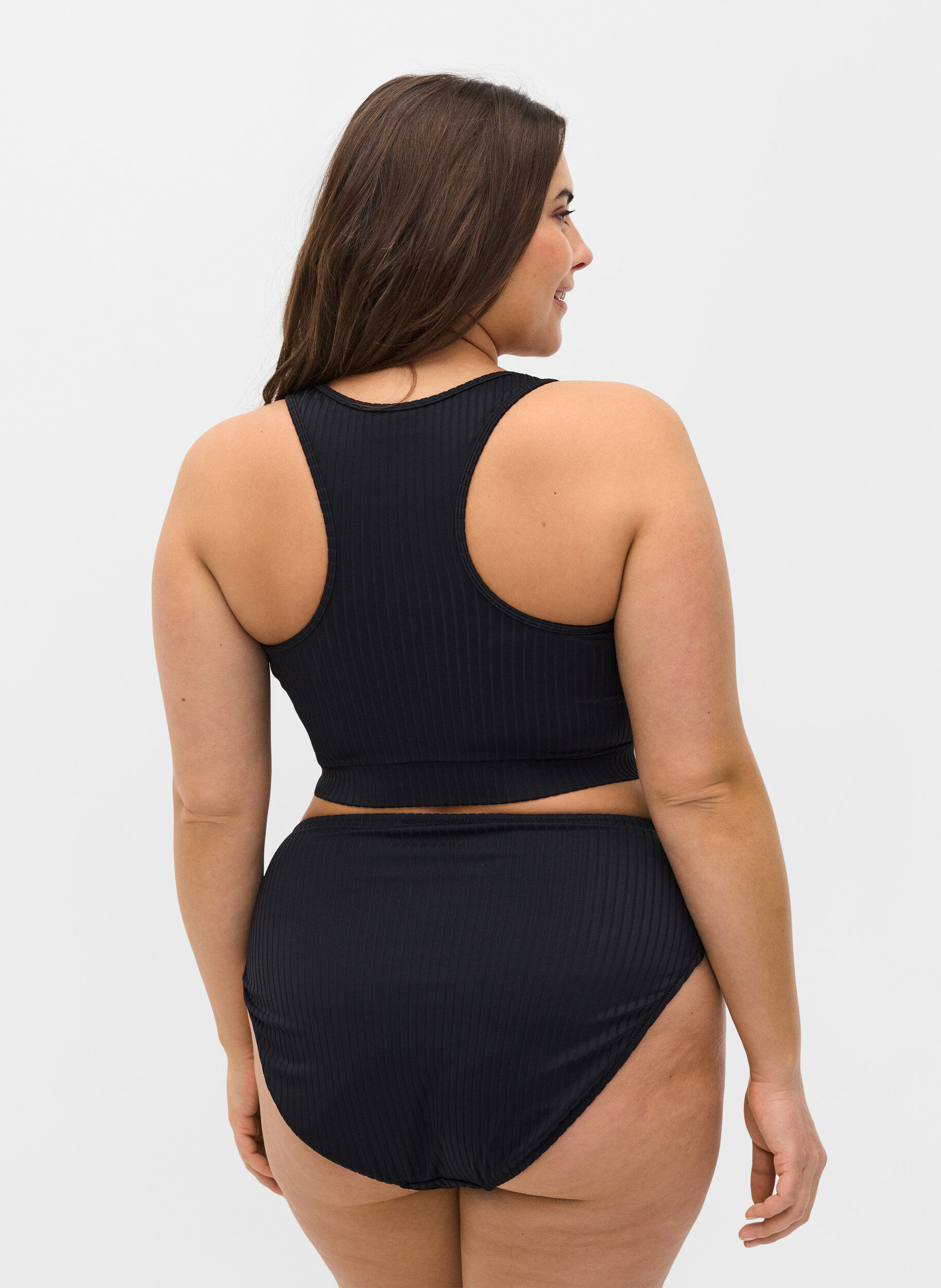 Zizzi Bikinitrosa med h&ouml;g midja och ribbat m&ouml;nster, Black, Model image number 1