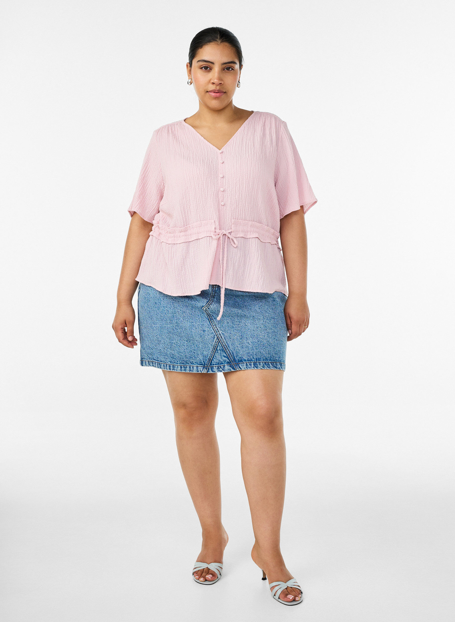 ZizziBlus med struktur och knyt i midjan, Rosa, Model image number 1