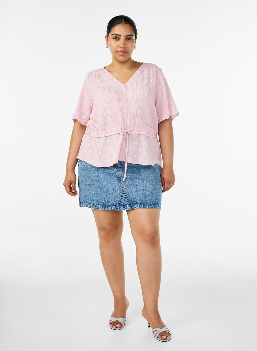 Blus med struktur och knyt i midjan, Rosa, Model image number 1