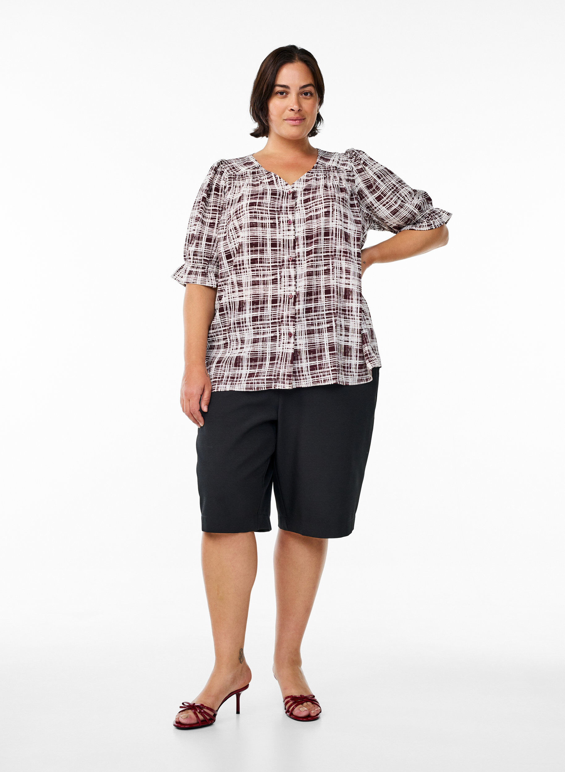 ZizziSkjortblus med halvl&aring;nga &auml;rmar, M&ouml;rk Bordeaux, Model image number 1