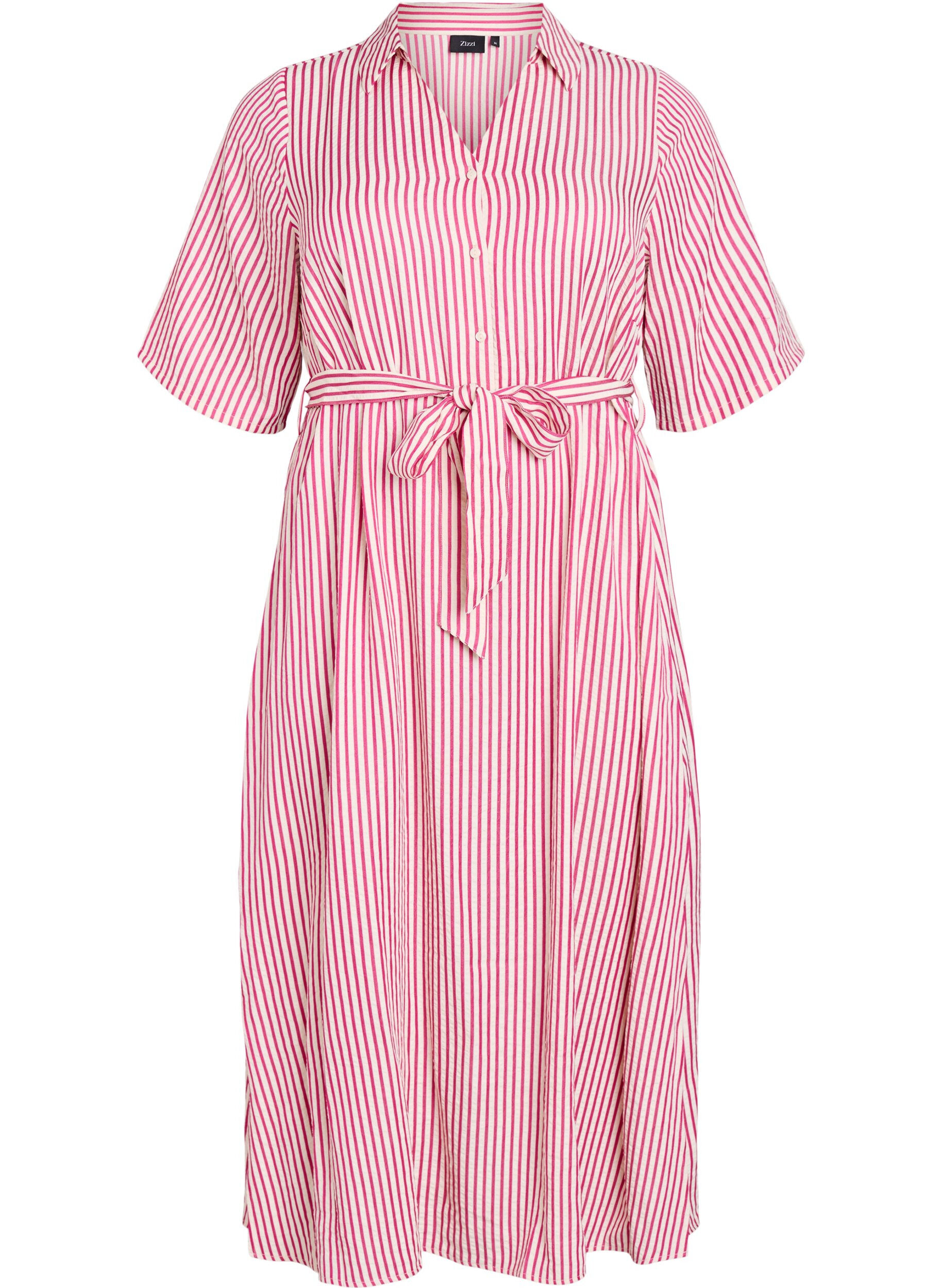 ZizziAnkell&aring;ng skjortkl&auml;nning med knytsk&auml;rp och r&auml;nder, Rosa, Packshot image number 0