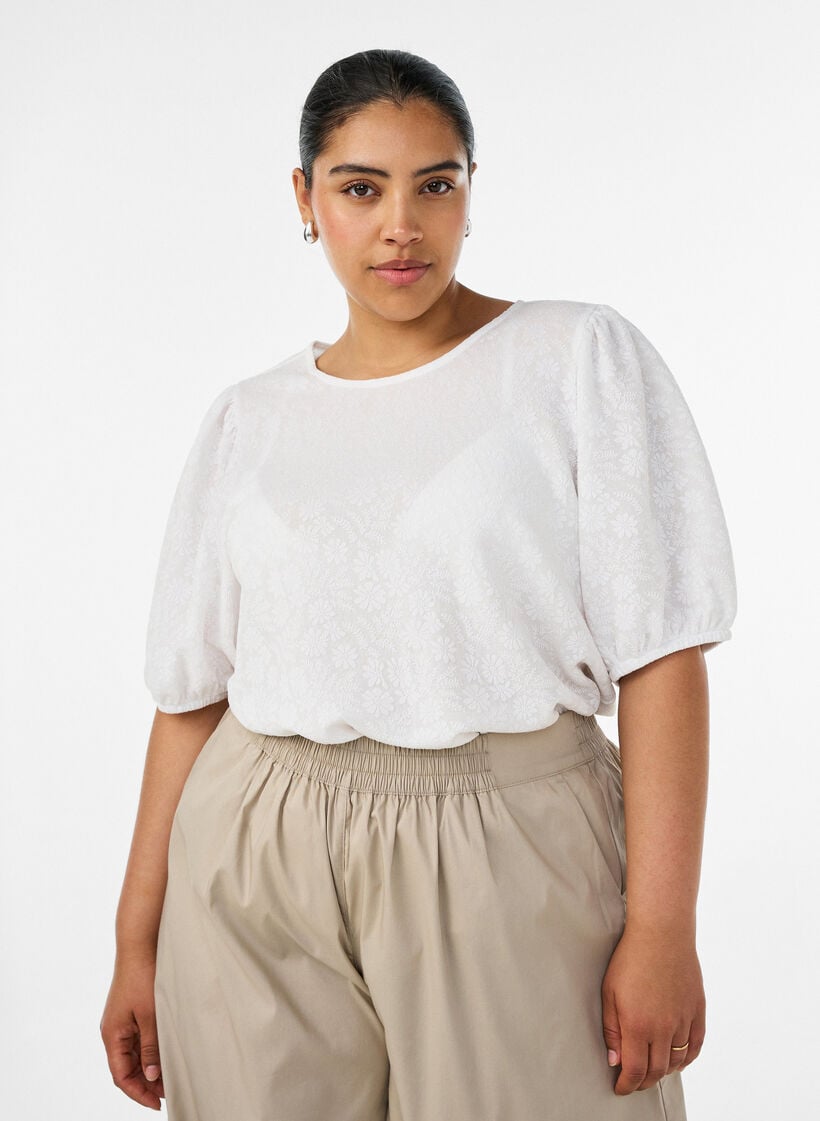 Blus med struktur och korta &auml;rmar, Vit, Model image number 0