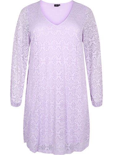 V-ringad klänning i spets med långa ärmar, Pastel Lilac, Packshot image number 0