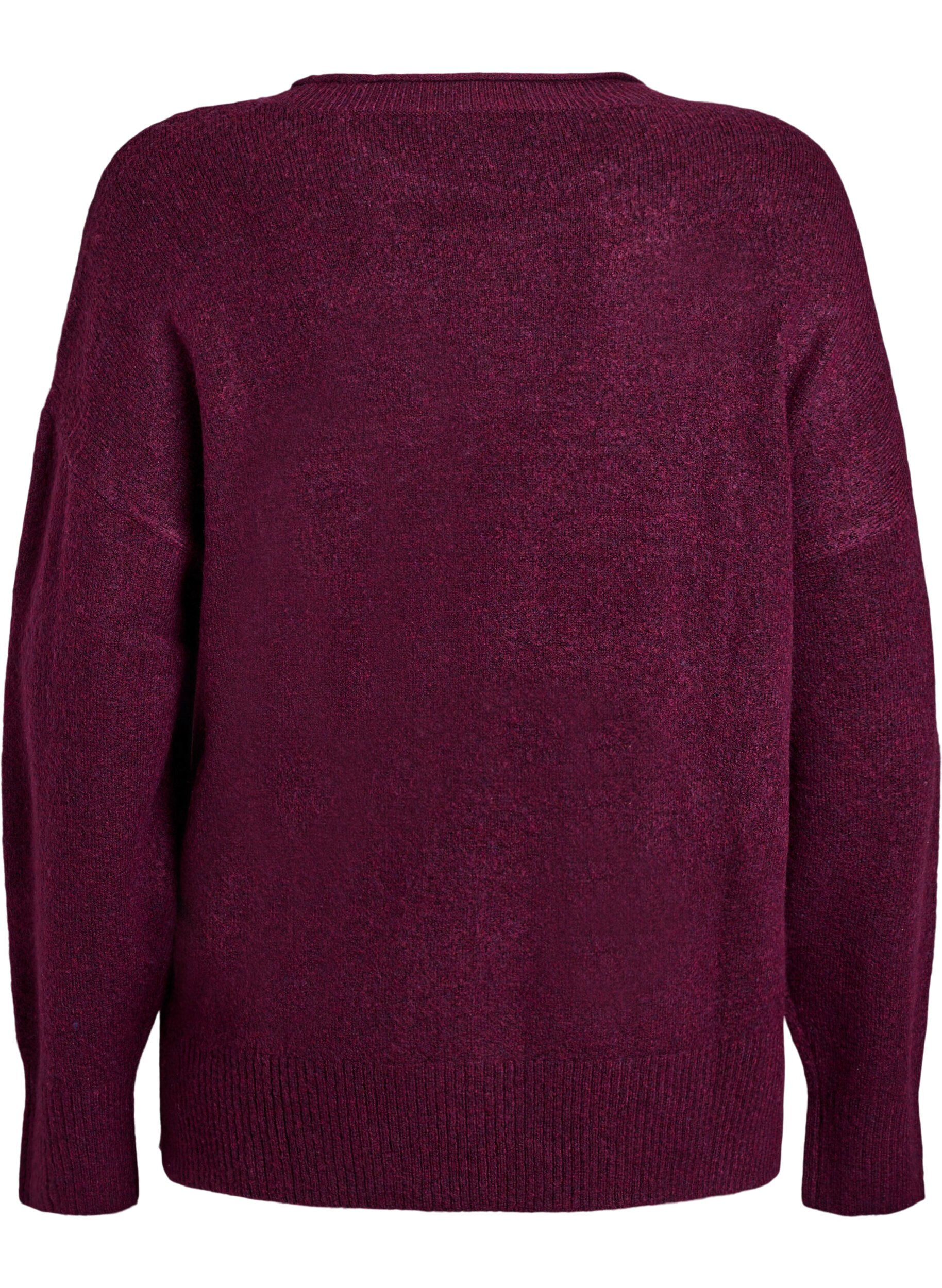 Zizzi Stickad blus med V-format ribbm&ouml;nster och slitsar, Lila, Packshot image number 1