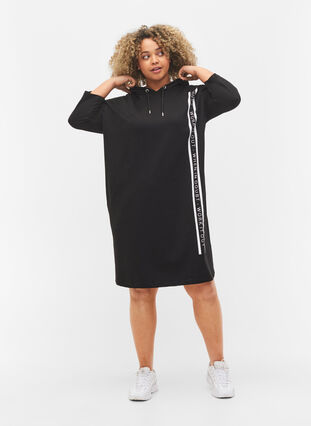 Sweatshirtklänning med 3/4 ärmar och huva, Black, Model image number 2