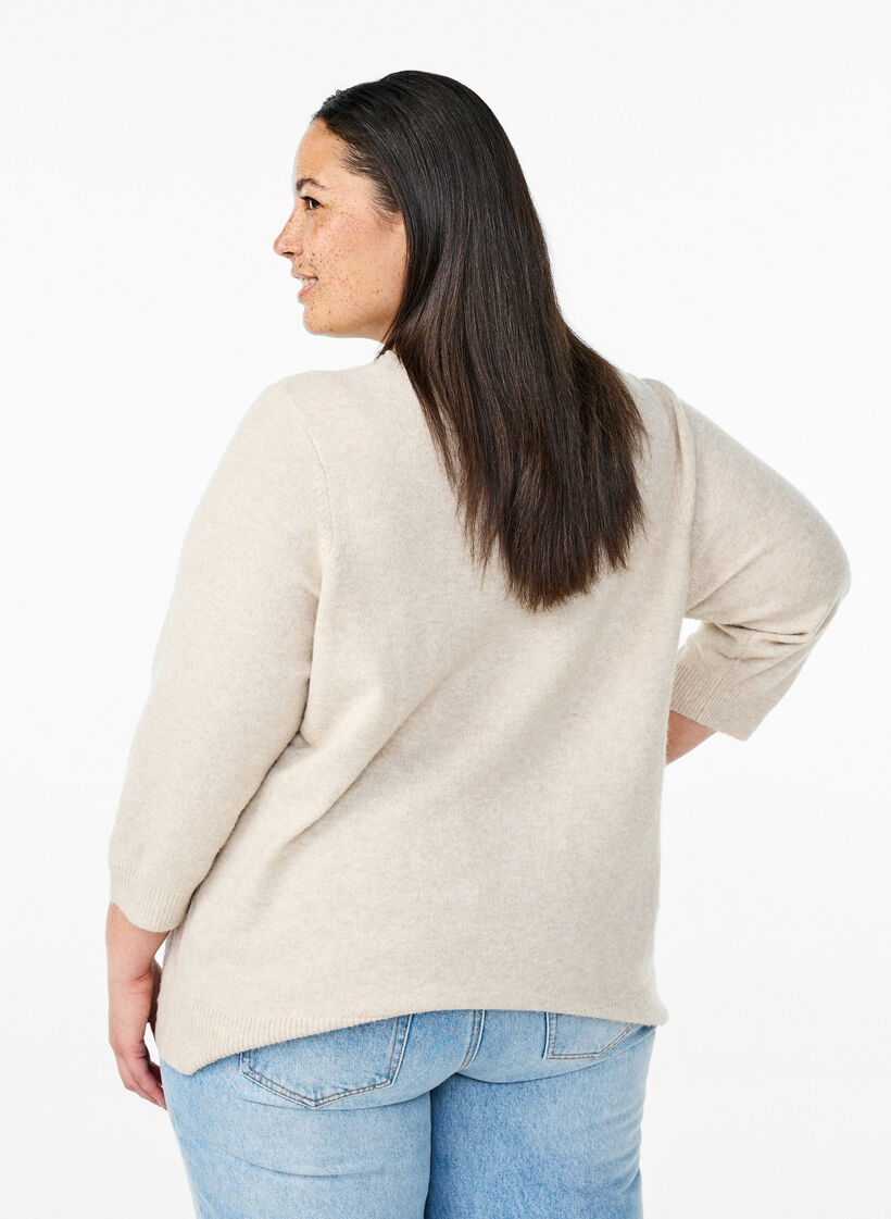 Stickad blus med blommor och 3/4-ärmar, Pumice Stone Mel., Model image number 1