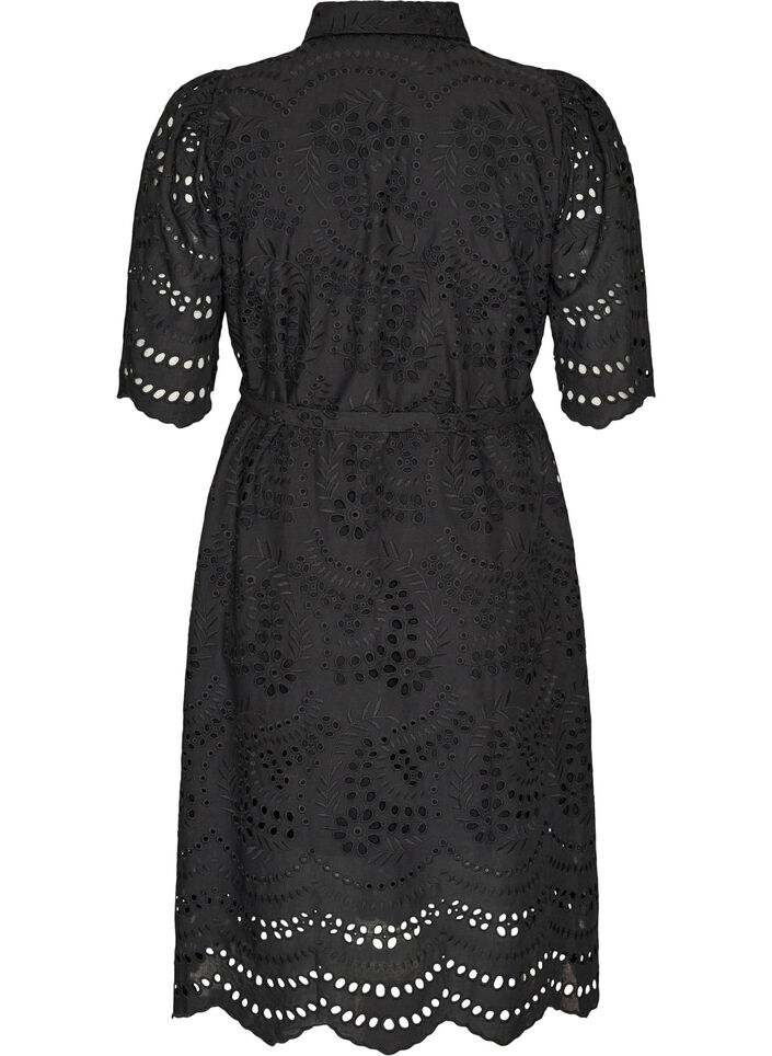 Skjortkl&auml;nning i broderie anglaise med knytb&auml;lte, Svart, Packshot image number 1