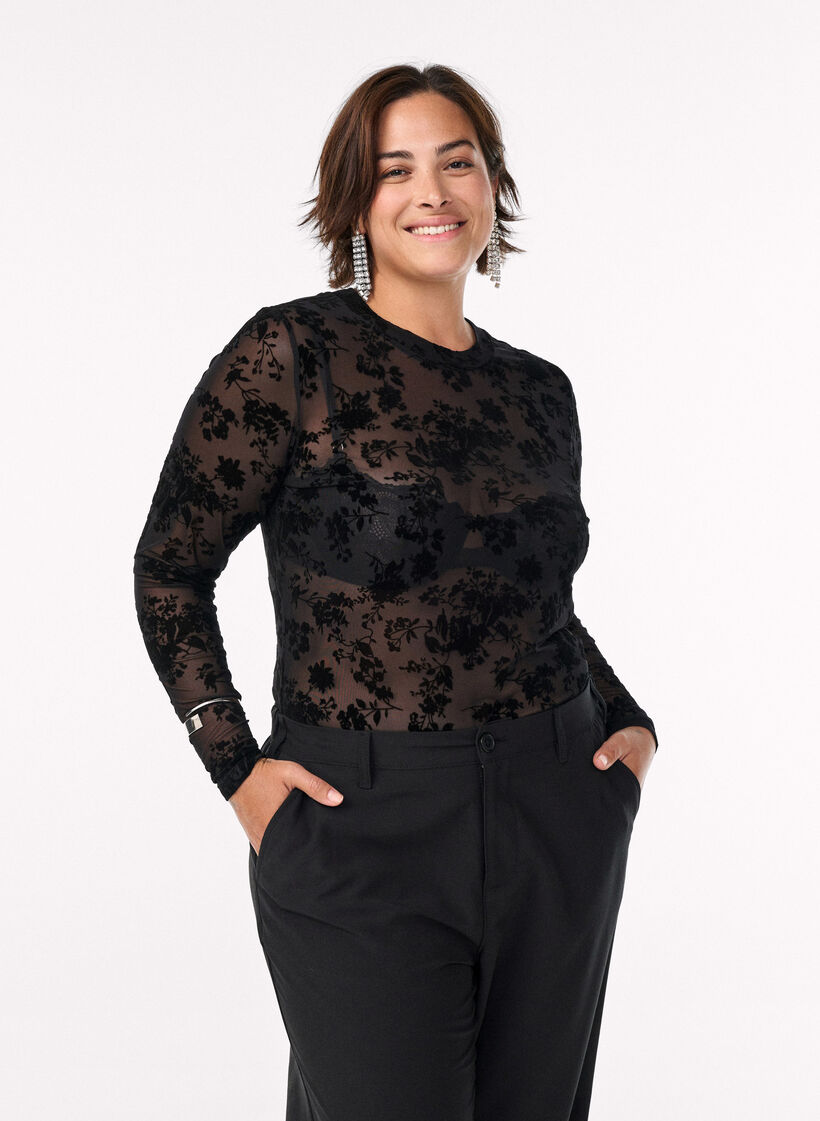Blus i mesh med blommigt m&ouml;nster, Svart, Model image number 0