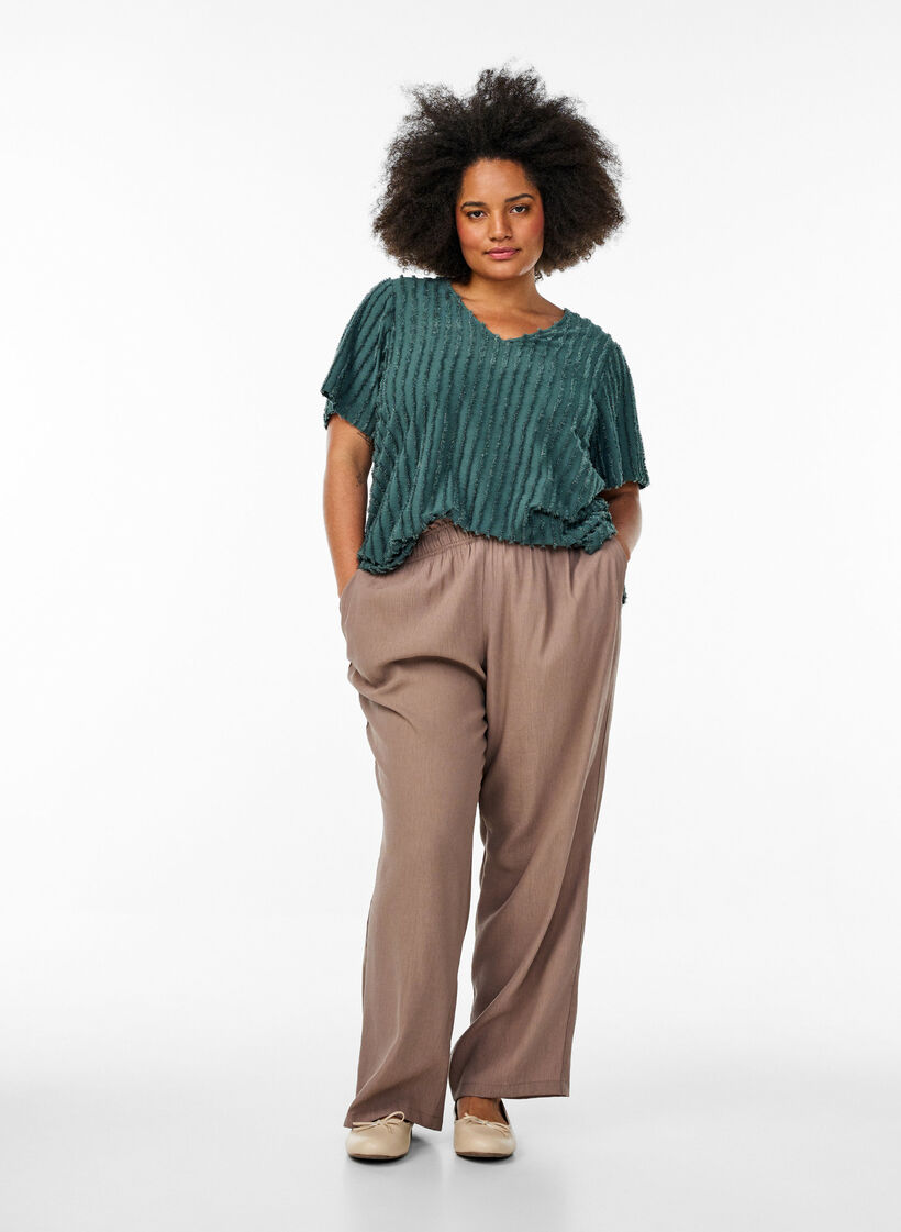 Blus med korta ärmar och randig struktur, Grön, Model image number 1