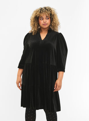 Klänning i velour med volangkrage och 3/4-ärmar, Black, Model image number 0