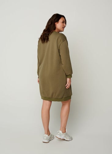 Sweatklänning med långa ärmar och ficka, Deep Lichen Green, Model image number 1