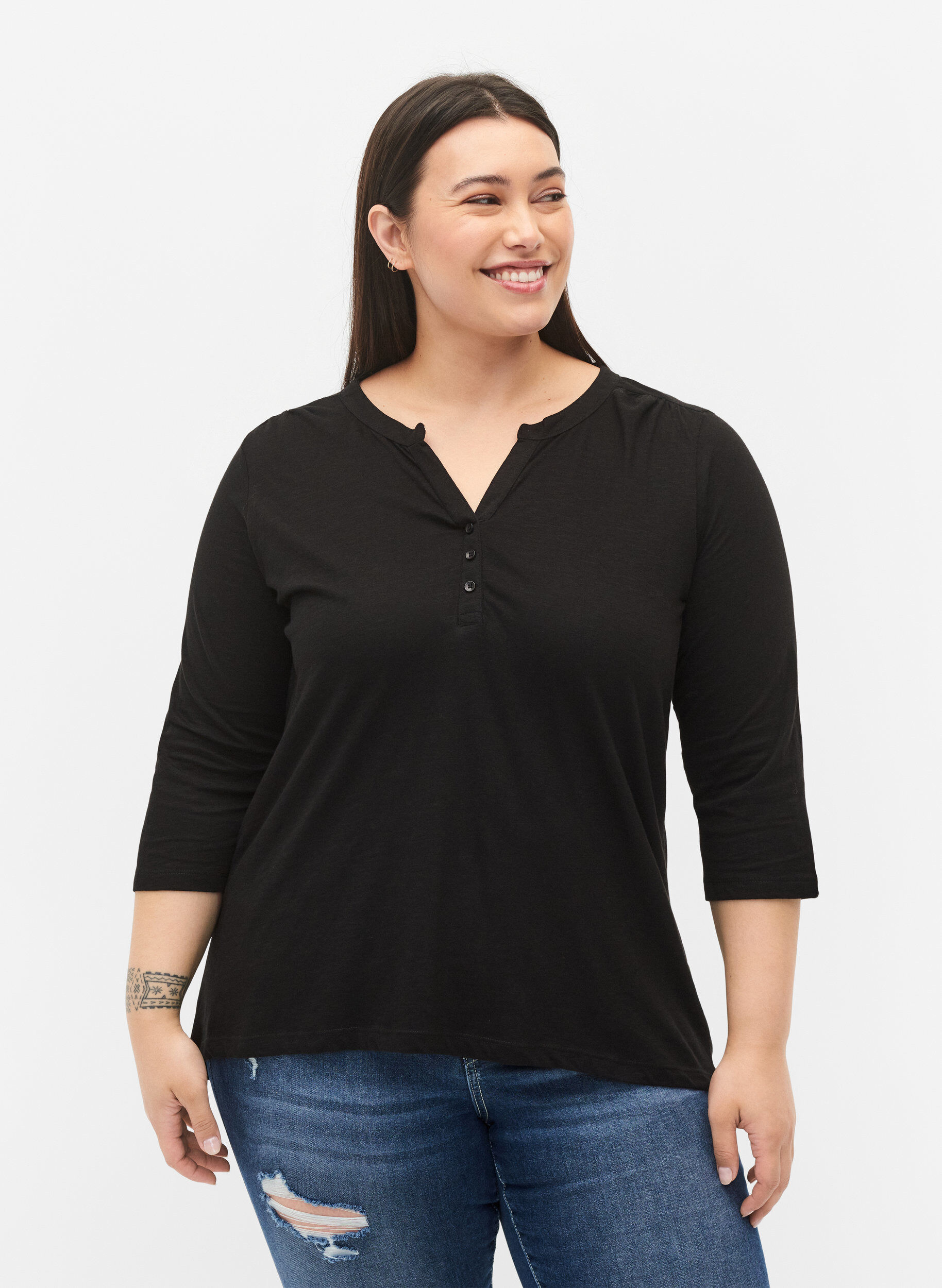 Zizzi Blus i bomull med 3/4-&auml;rmar, Black, Model image number 0