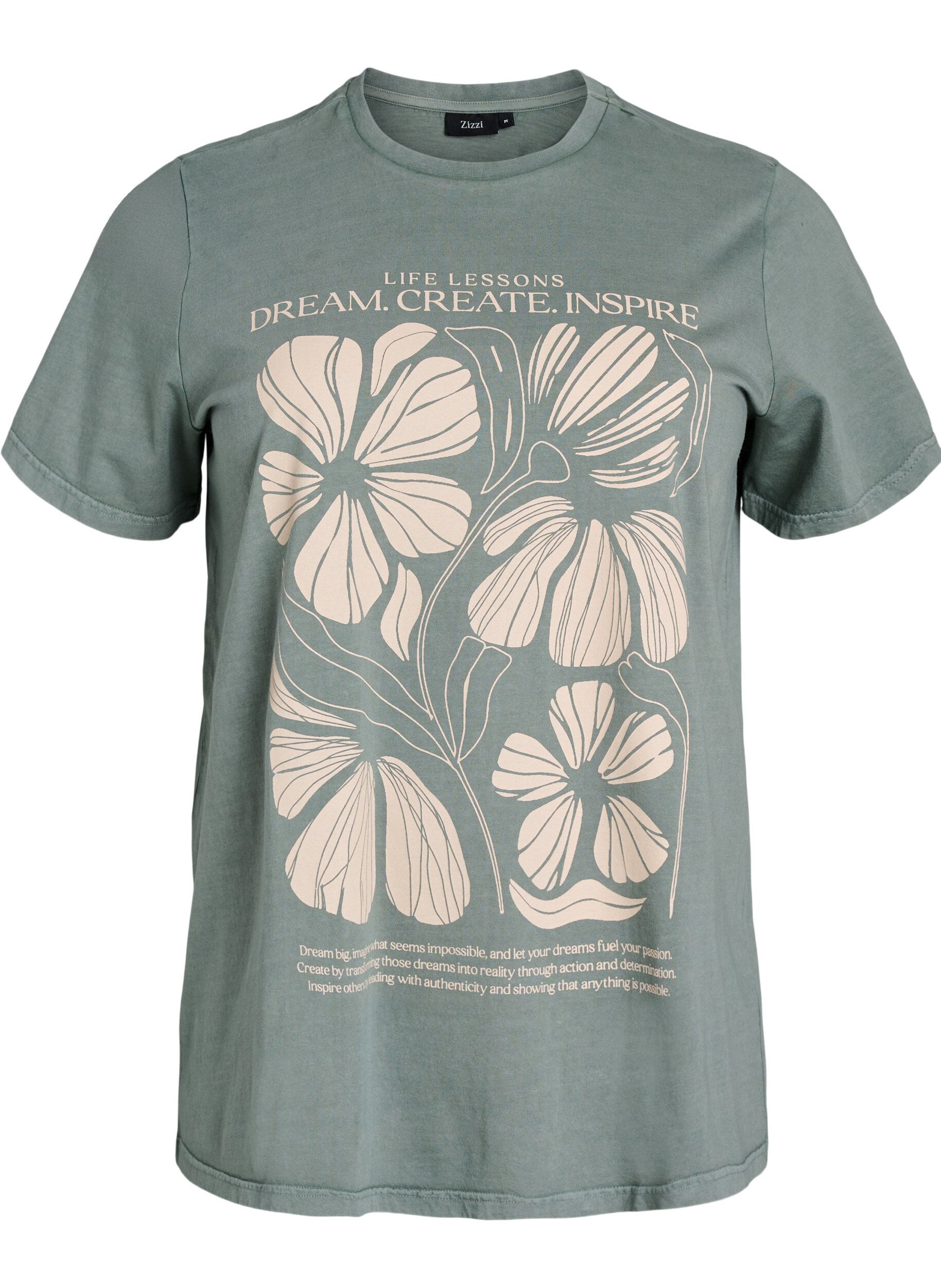 Zizzi T-shirt i ekologisk bomull med text och blommigt tryck, Gr&ouml;n, Packshot image number 0