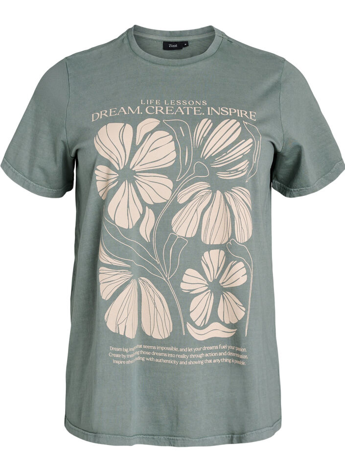 T-shirt i ekologisk bomull med text och blommigt tryck, Grön, Packshot image number 0
