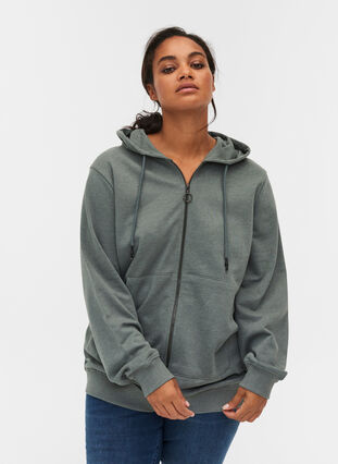 Munkjacka i sweatshirtkvalitet med huva och fickor, Balsam Green Mel, Model image number 0